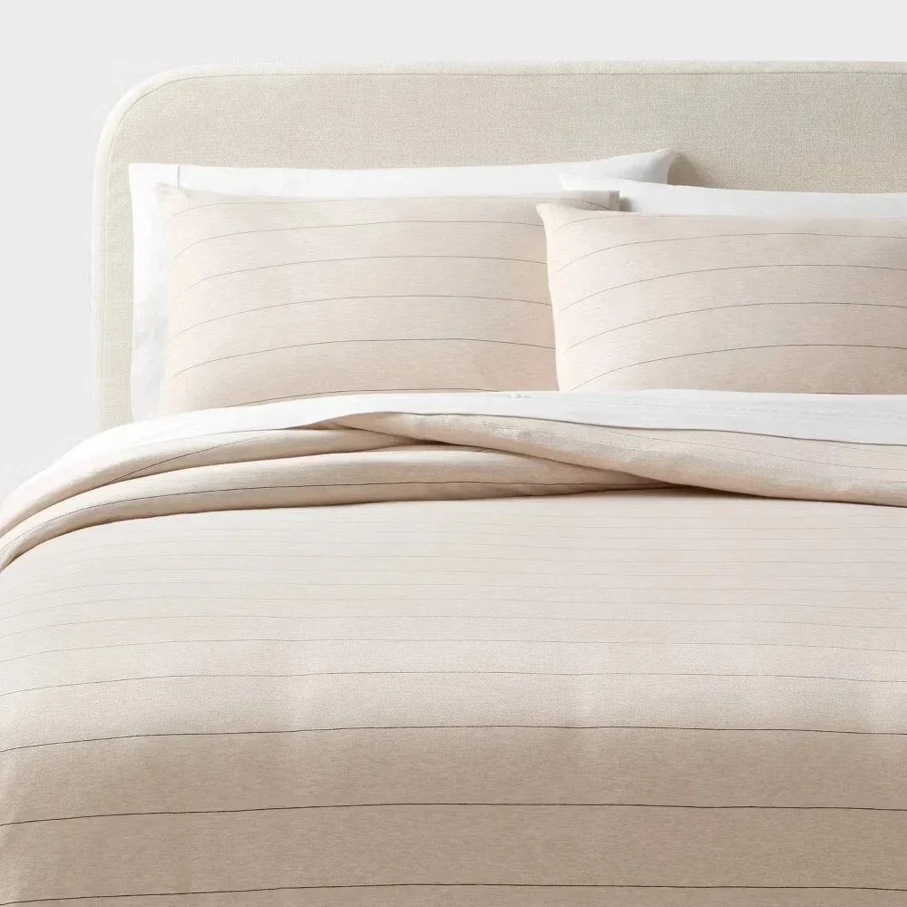 King Jersey Comforter and Sham Set Oatmeal Charcoal Striped - Threshold: Cotton